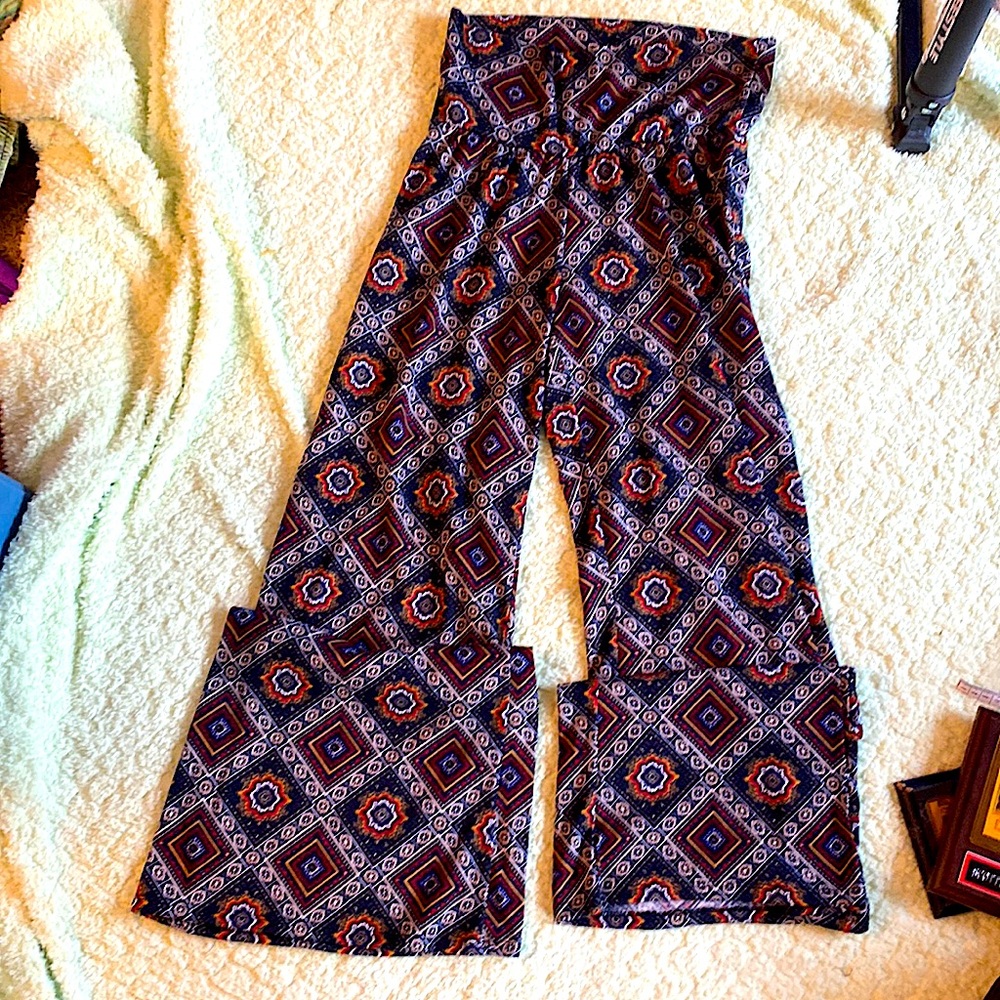 Palozzo pants/ funky design blues reds gold/Large/about a girl